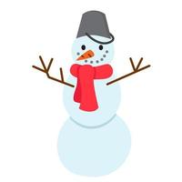 Funny cartoon snowman with scarf and bucket on head. Cute vector illustration in flat style. Christmas and winter holidays print. Illustration for cards, clothes, stickers, seasonal design and decor