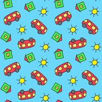 Cute seamless pattern for children. Bus, house and sun. Colorful print. Doodle style illustration. Print for cards, invitations, baby shower, wrapping paper, textile, clothes and room decoration vector