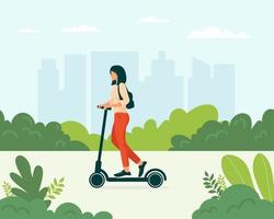 mujer montando scooter eléctrico, ilustración vectorial plana. niña montando un vehículo eléctrico ecológico en la ciudad. vector
