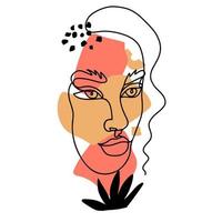 rostro de mujer contemporánea creativa y elementos florales un dibujo de línea continua. arte lineal . Retrato femenino moderno abstracto pintado en estilo minimalista con hojas. ilustración vectorial. vector