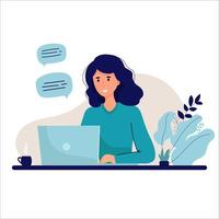 Freelancer at work, working from remote. Young woman sitting at a desk with a laptop and coffee cup. Vector illustration in flat style