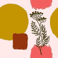 Vector seamless background with abstract shapes and illustration of plant. Scandinavian Style. For wallpaper, posters, textile print, wrapping paper, greeting card template, social media post,