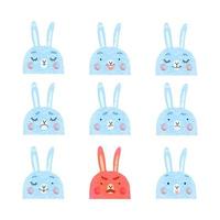 vector conjunto moderno con lindas ilustraciones de conejitos con diferentes emociones. Úselo como elemento para el diseño de tarjetas de felicitación, póster, emoticones de dibujos animados de chat messenger, publicación en redes sociales, diseño de juegos para niños