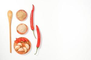 the variety of spices and herbs on a white background. a simple culinary background decorated with condiment recipes with copy space. suitable for social media post or website presentation. photo