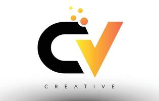 CV Black Orange Letter Logo Design. CV Icon with Dots and Bubbles Vector Logo