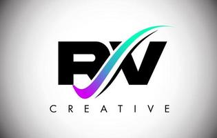 Logotipo de letra RV con línea curva swoosh creativa y fuente en negrita y colores vibrantes vector