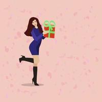 smiling brunette in short purple dress and black high heel boots with raised leg gives an orange box with a gift vector