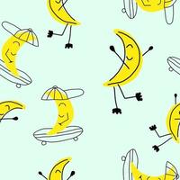 Cute pattern. Seamless vector design with smiling moon on skate and roller skates. Pattern for kids. Hand drawn.