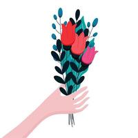 Human hand holds a bouquet of flowers. Vector illustration in flat style isolated on white background. The season of giving