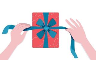 Gift wrapping. Women's hands tie a ribbon with a bow. The season of giving concept. Vector illustration in a flat style. Gift box packaging