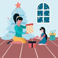 Young woman with a girl in the living room are packing Christmas gift boxes. Room interior with Christmas tree, window, gifts and family. The season of greeting. Vector illustration