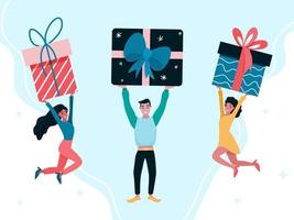 Man and women with gifts. The season of giving. Vector illustration with joyful people and gift boxes in hands in flat style