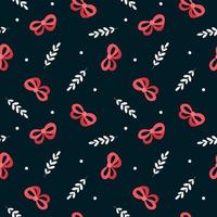 Seamless pattern with twigs and red bows on a dark background. Vector endless texture for holiday decoration