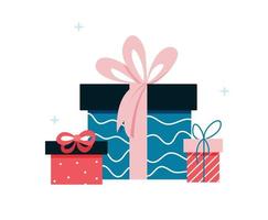 Set of gift holiday boxes with bows and ribbons. Vector flat illustration. Collection of boxes with presents