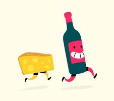 Illustration of running cheese and a bottle of wine. Vector. Characters drink and snack. Icons for the site on a light background. Sign, logo for a wine shop or cheese factory. Alcohol delivery. vector