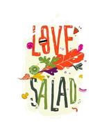 Ilustración con la ensalada de inscripción amor. vector. patrón de productos ecológicos. imagen para un menú de bar de batidos o un café vegetariano. estilo plano, todos los elementos están aislados. vector