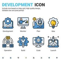 Vector devops icons set with outline color style isolated on white background. Icon IT operation and software development sign symbol concept for operate, software, app and technology. Editable stroke