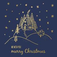 Christmas Greeting Card Template. Winter House on the hill doodle illustration for greeting and invitation cards design and decoration. Happy New Year Poster vector