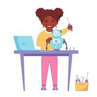 Little black girl building a robot. Robotics, programming and engineering for kids. vector