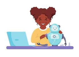 niña negra construyendo un robot. robótica, programación e ingeniería para niños. vector