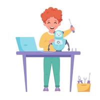 niño creando un robot. robótica, programación e ingeniería para niños vector