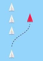 Think differently, leadership, trends, creative solution and unique way concept. Red paper plane changing direction from the group. Flat vector illustrations