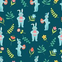 Seamless pattern with lovely rabbits flowers and leaves Flat vector illustration