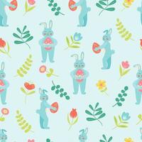 Seamless pattern with lovely rabbits flowers and leaves Flat vector illustration