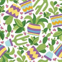 Seamless pattern with succulents and cactus in colourful pots, pattern in doodle hand drawn style. vector