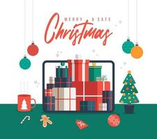 Christmas online shopping. Flat cartoon vector illustration with tablet screen with pile gift box, spruce, cup on the desk, winter holidays sales. Christmas due coronavirus