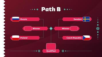 Football 2022 playoff match schedule. Path b championship match versus teams intro sport background, championship competition final poster, flat style vector illustration.