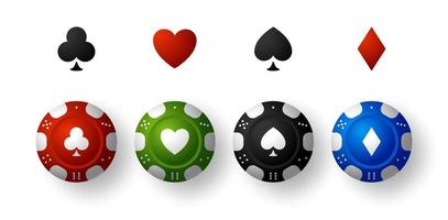 poker casino chip card symbols set. Colored casino chips set isolated on white background. Vector illustration.