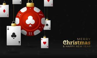 Casino Poker Christmas card. Merry Christmas sport greeting card. Hang on a thread casino poker chip as a xmas ball and golden bauble on black background