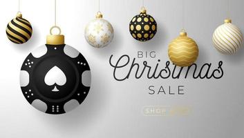 Casino Poker Christmas card. Merry Christmas sport greeting card. Hang on a thread casino poker chip as a xmas ball and golden bauble on gray background vector