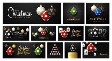 Casino Poker Christmas card set. Merry Christmas sport greeting card. Hang on a thread casino poker chip as a xmas ball and golden bauble on black background vector