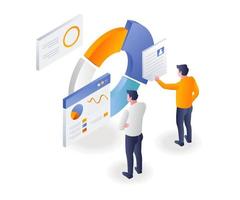 el equipo está mirando el gráfico circular de datos analíticos vector