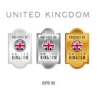 hecho en etiqueta, sello, insignia o logotipo de reino unido. con la bandera nacional de reino unido, gran bretaña, británico. en platino, oro y plata. emblema premium y de lujo vector