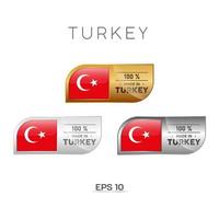 Made in Turkey Label, Stamp, Badge, or Logo. With The National Flag of Turkey. On platinum, gold, and silver colors. Premium and Luxury Emblem vector