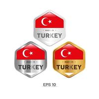 Made in Turkey Label, Stamp, Badge, or Logo. With The National Flag of Turkey. On platinum, gold, and silver colors. Premium and Luxury Emblem vector