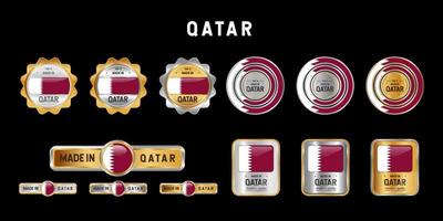 hecho en qatar etiqueta, sello, insignia o logotipo. con la bandera nacional de qatar. en platino, oro y plata. emblema premium y de lujo vector