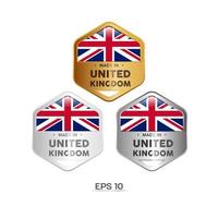 Made in United Kindom Label, Stamp, Badge, or Logo. With The National Flag of UK, Britain, British. On platinum, gold, and silver colors. Premium and Luxury Emblem vector