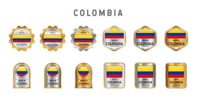 Made in Colombia Label, Stamp, Badge, or Logo. With The National Flag of Colombia. On platinum, gold, and silver colors. Premium and Luxury Emblem vector