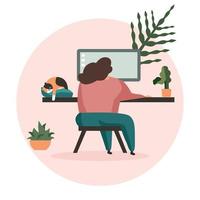 mujer frente a la computadora con plantas y gato durmiendo vector