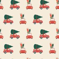 Seamless Christmas pattern with red cars boxes of present tree vector