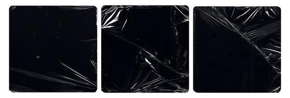 collection set of plastic wrap texture for overlay. wrinkled stretched plastic effect. transparent plastic wrap on black background. photo
