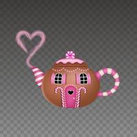 Isolated house in shape of teapot. Valentine's day house with candies and pink heart shaped smoke vector