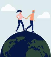 A girl and a guy are walking the planet. vector image