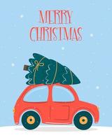 Christmas red car with christmas tree. Merry christmas.  Flat cartoon style vector illustration. Christmas card.