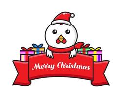 gallo de dibujos animados lindo con cinta de felicitación de navidad vector