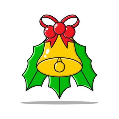 christmas bell with leaf, ribbon, and berry element design cartoon vector